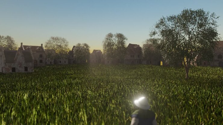 3D animation showing a medieval man looking out over a grass field during sunset