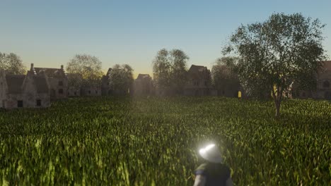 3d animation showing a medieval man looking out over a grass field during sunset