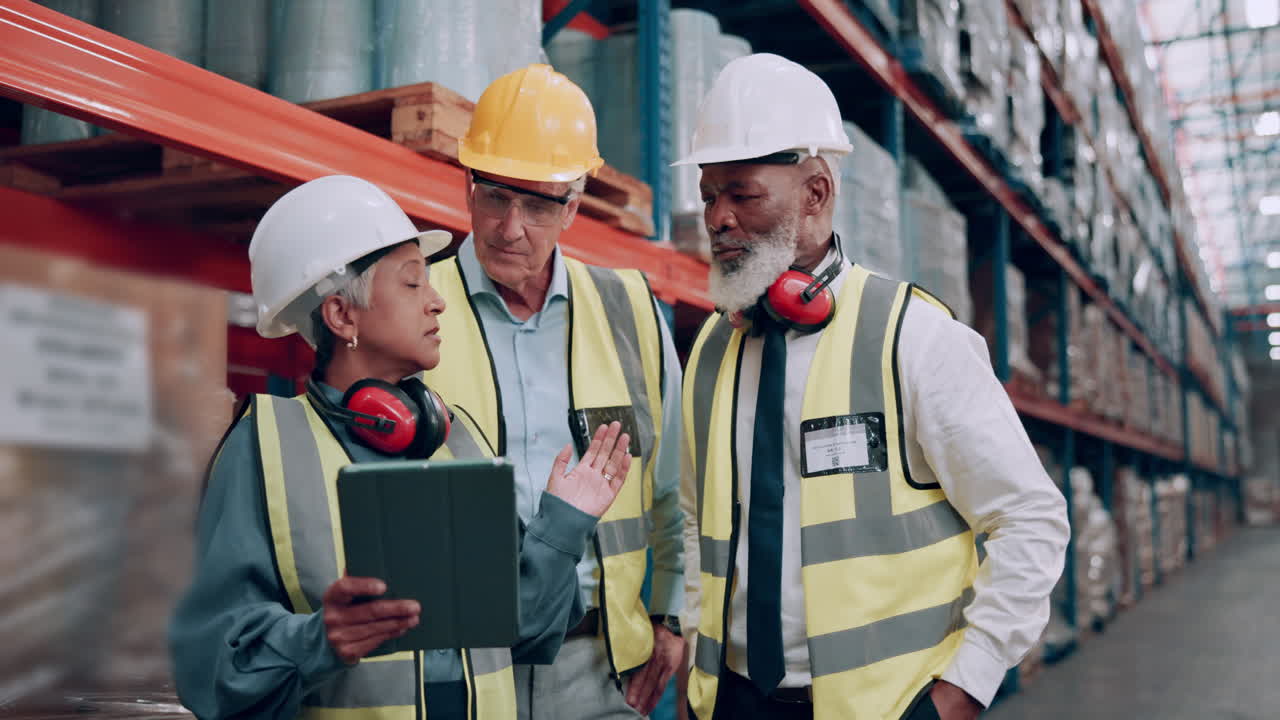 equipo de almacén discutiendo la gestión del inventario