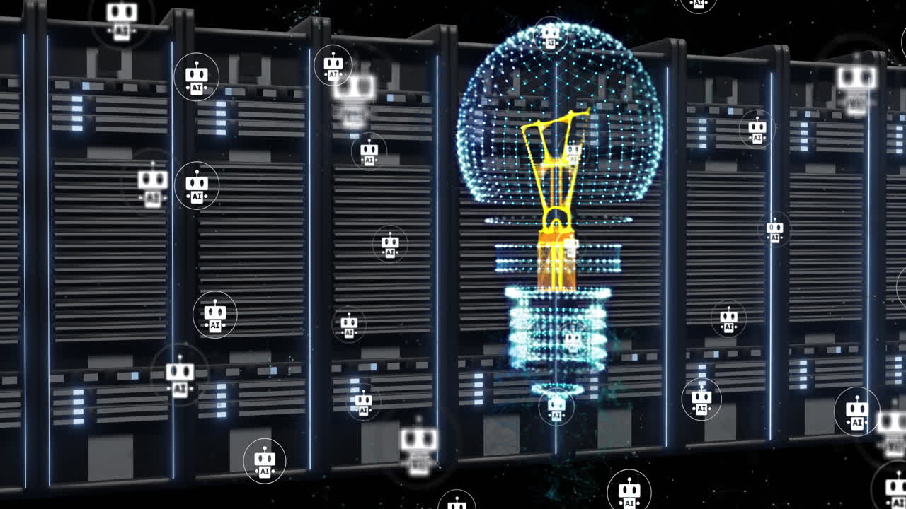 Animation of lightbulb and ai chatbots over computer servers