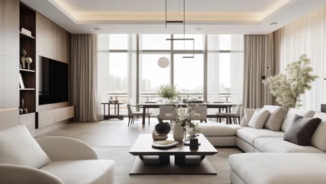 expansive glazing flooding modern living space with light, featuring sleek furnishings, muted palette, highlighting contemporary architectural design and urban sophistication