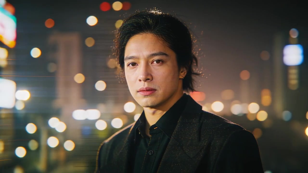 夜の街路を歩き、振り返るコート姿の男性。レンズを横切るカラーバンドが薄れていく。
