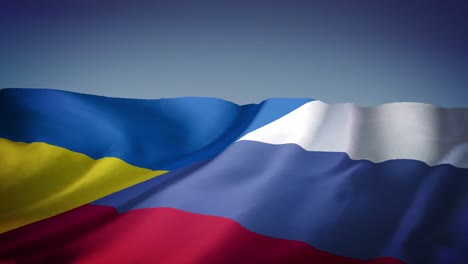 Animation-of-waving-combined-flag-of-ukraine-and-russia-with-blue-background