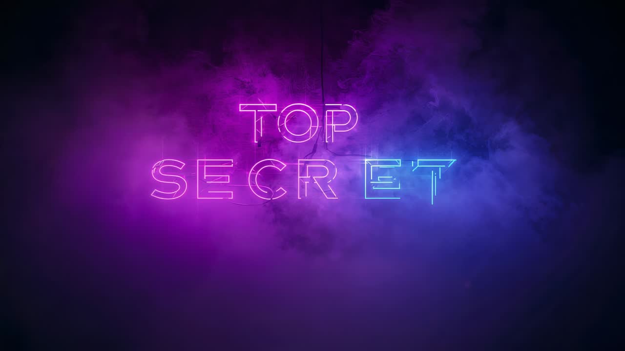 Macchine del fumo che rilasciano foschia magenta ciano intorno all'insegna al neon TOP SECRET in studio, rivelando chiarezza