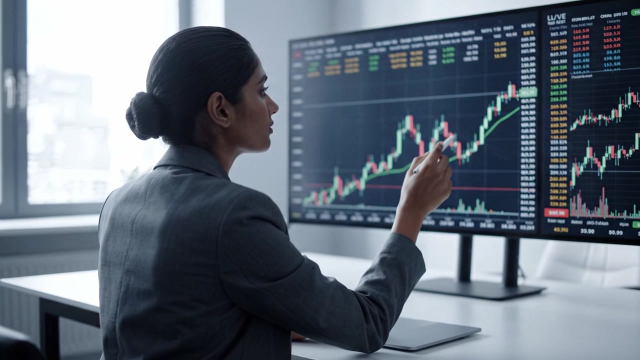 Analisi delle Tendenze Finanziarie: Un Professionista Valuta Dati del Mercato Azionario con Grafici su uno Schermo di Computer Moderno in un Ambiente d'Ufficio Professionale