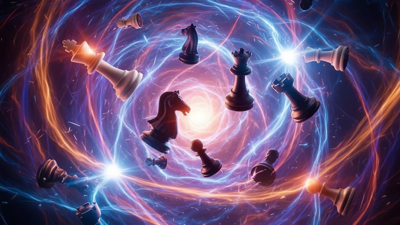 A Cosmic Chessboard: An Enigmatic Dance of Chess Pieces Amidst a Swirling Nebula of Light and Energy
