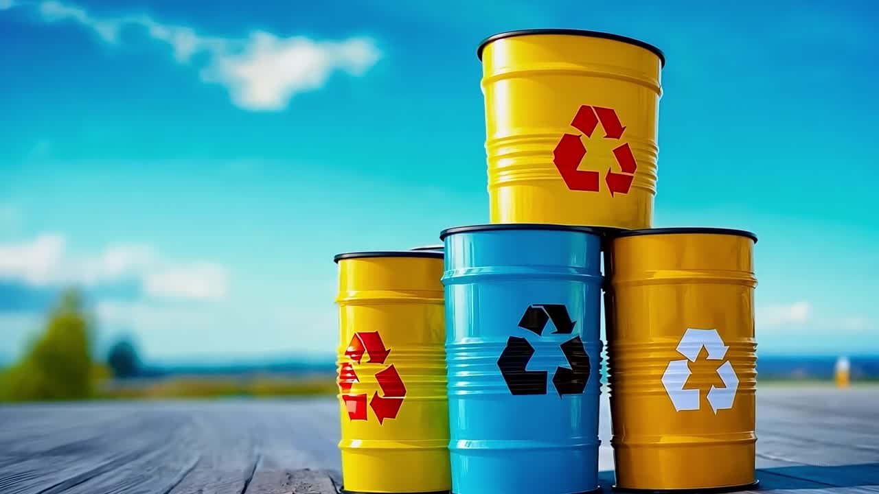 세 개의 노란색과 파란색 배럴의 그룹에 재활용 상징이 있습니다.
