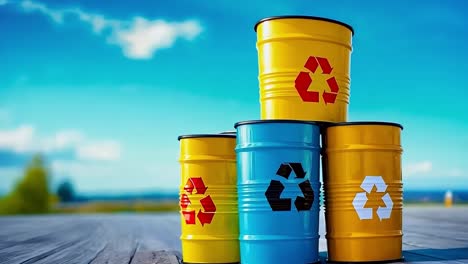 un grupo de tres barriles amarillos y azules con símbolos de reciclaje en ellos