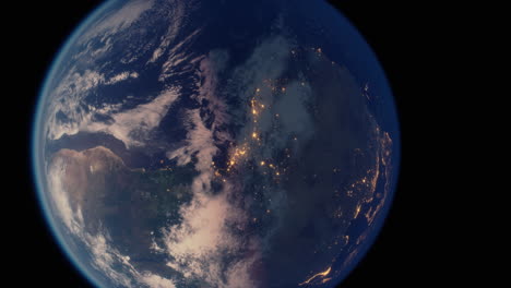 earth planet viewed from space at night showing the lights of countries