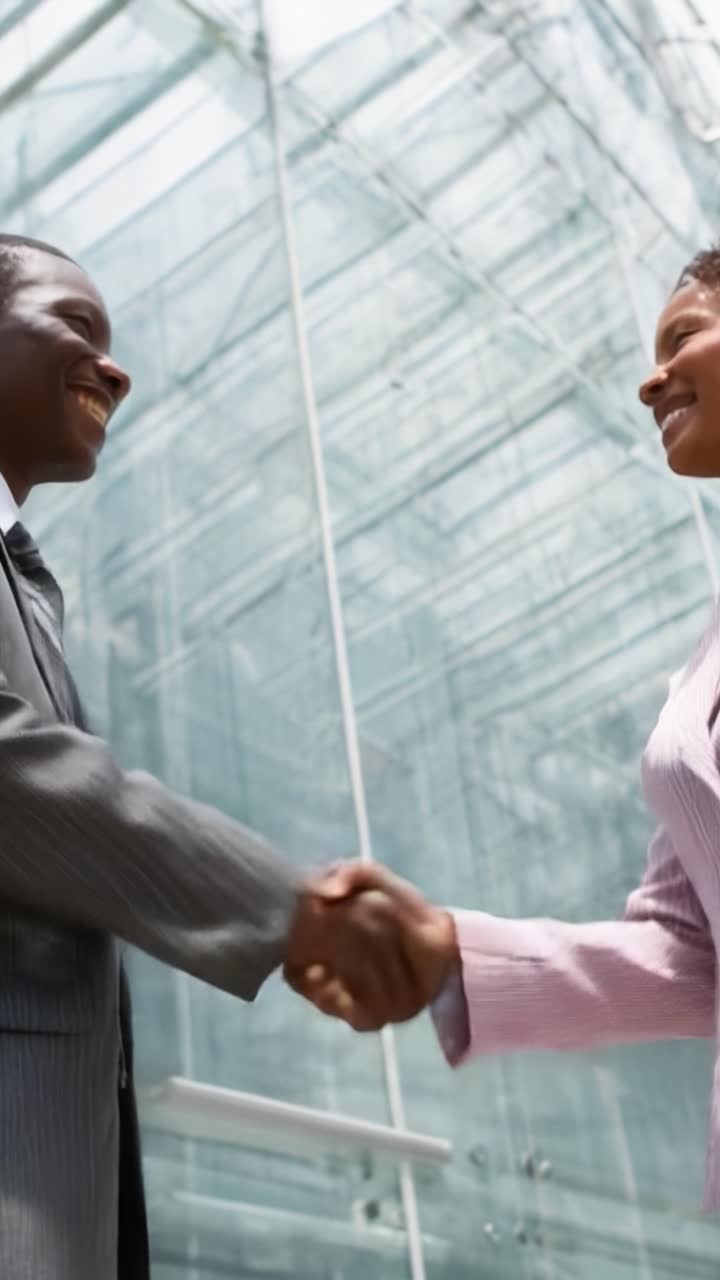 Positive Business Interaction: Two Professionals Engaging in a Confident Handshake in a Modern Corporate Environment with Glass Architecture