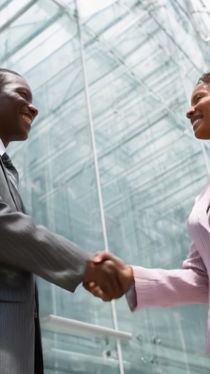Positive Business Interaction: Two Professionals Engaging in a Confident Handshake in a Modern Corporate Environment with Glass Architecture