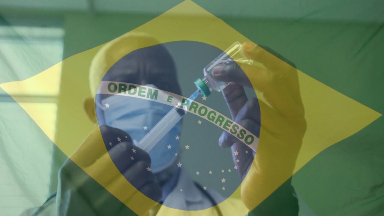 Medical Professional Preparing Vaccine with Brazilian Flag Overlay