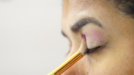 side close-up of brown-eyed girl applying pink eye shadow with brush