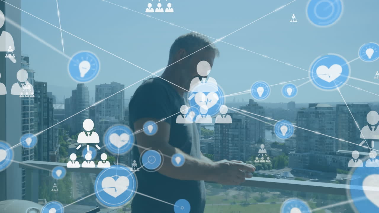 스마트 폰을 사용하여 사람 위의 아이콘과 연결 네트워크의 애니메이션