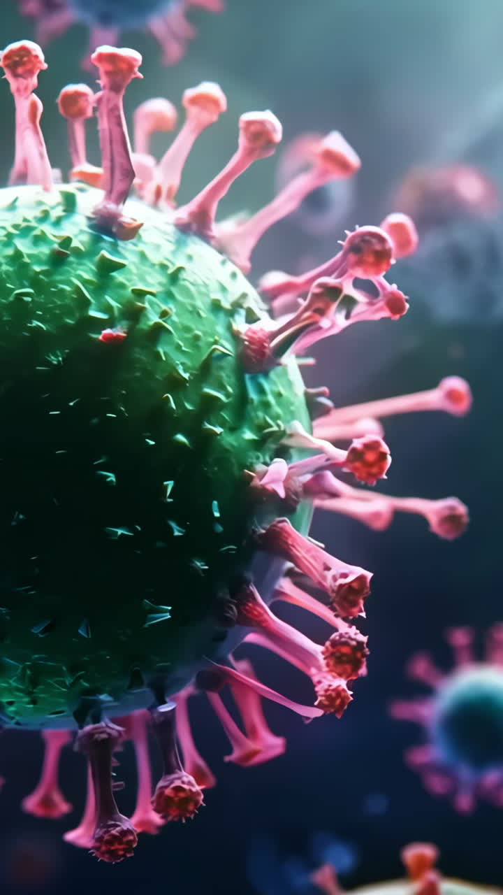 A close up of a virus with pink and green colors. The virus is surrounded by a pink and green background