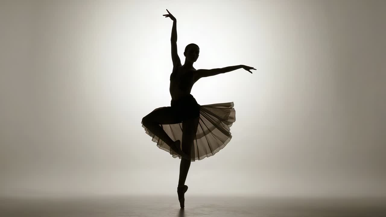Performing ballet dancer responding to backlight cue, rotating on pointe on studio floor, in tutu