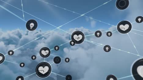 Animation-of-network-of-digital-icons-against-clouds-in-the-blue-sky