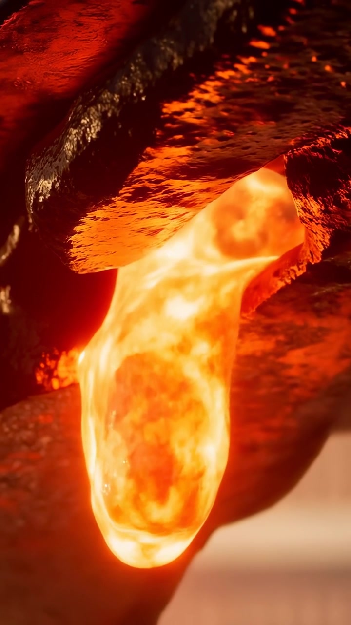 Video vertical: Formando una gota fundida brillante en una grieta, calor y presión empujando un chorro hacia abajo.
