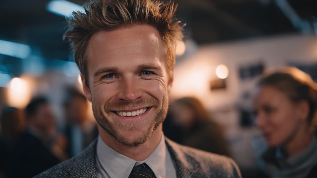 A Captivating Portrait of a Charming Individual Displaying a Bright Smile in a Vibrant Social Setting with Engaging Background Dynamics
