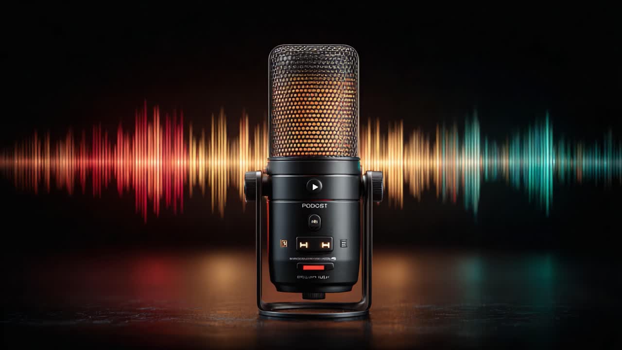 A Stunning Close-Up of a Professional Microphone with Colorful Sound Waves Illustrating Audio Visuals, Capturing the Essence of Sound and Clarity in a Studio Environment