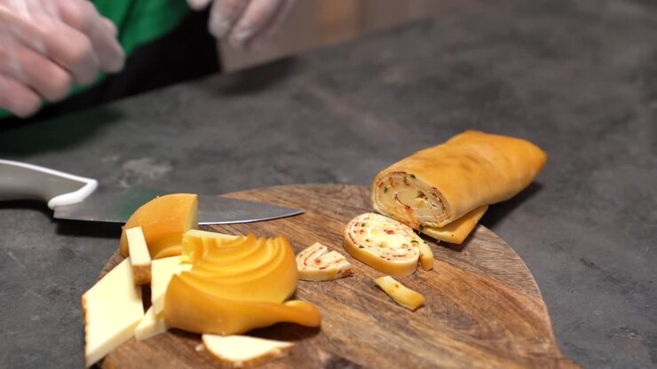 Person in gloves slicing rolled cheese on a cutting board, preparing a delicious snack