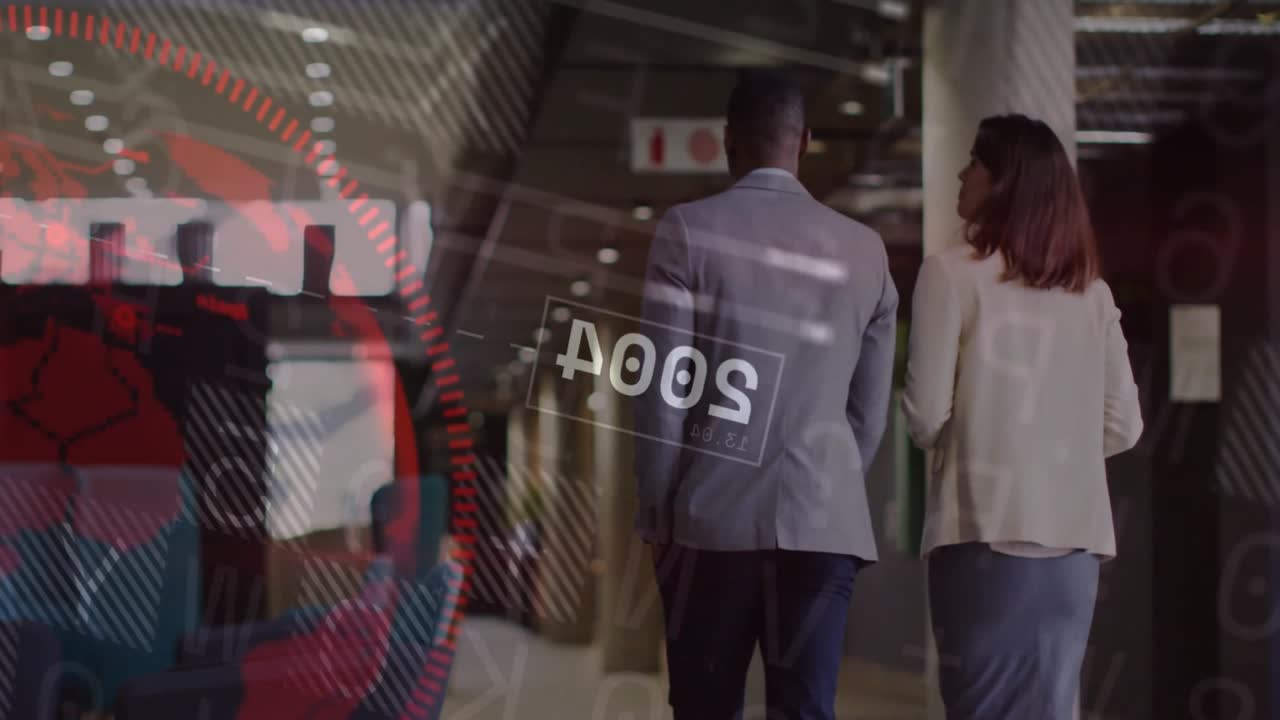 Colleagues walking in office corridor, activating numeric overlays illustrating business timeline