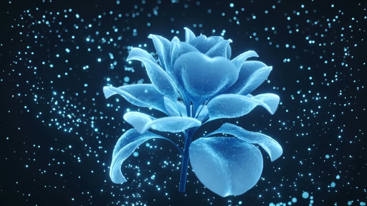 Forming stylized blue flower rising in dark digital void, showing drifting particles and droplets