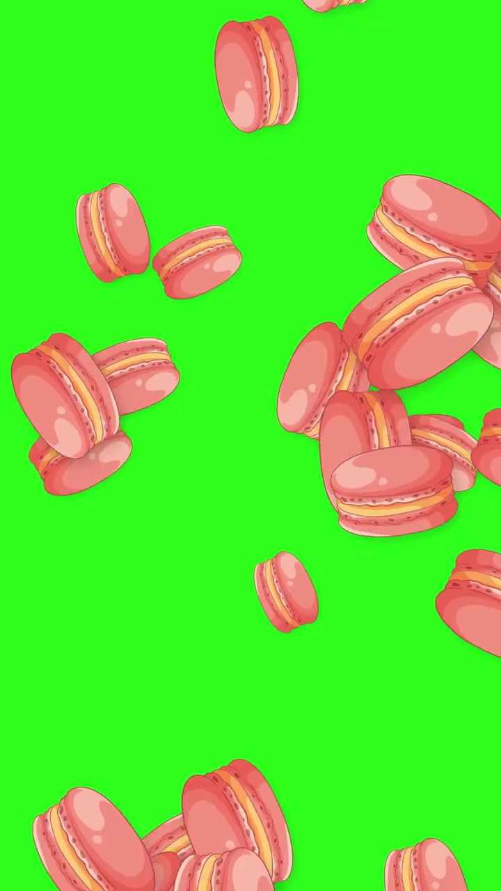Vertical animation of pink macarons falling and bouncing against a bright green screen background.