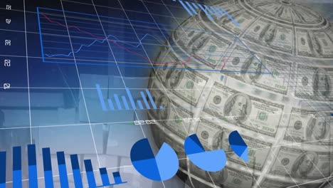 animation of financial data processing with globe formed with american dollars