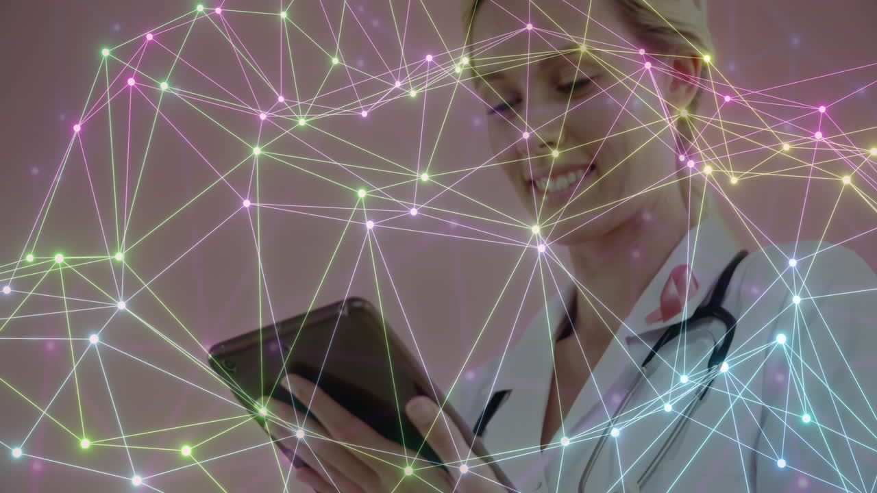 animación de la red de conexiones a través de una doctora caucásica que usa una tableta
