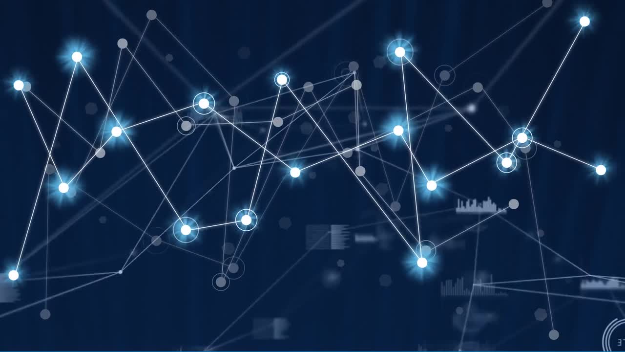 Animation of network of connections with glowing spots and data processing on black background