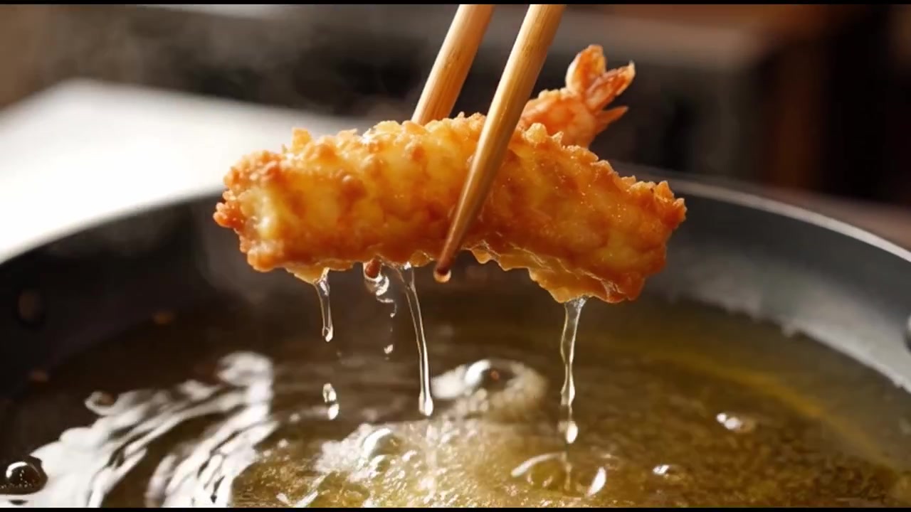 Fritando Tempura de Camarão Crocante em Óleo Quente
