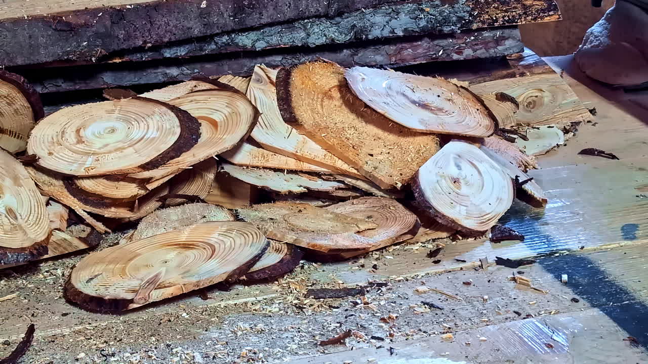 Sawmill Is Cutting A Log On A Thin Round Piece. Close-up Shot