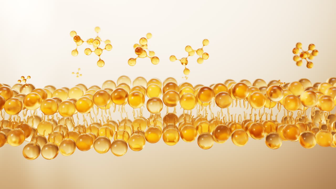 Membrana bilaminare trasparente dorata con molecole cosmetiche, rendering 3D