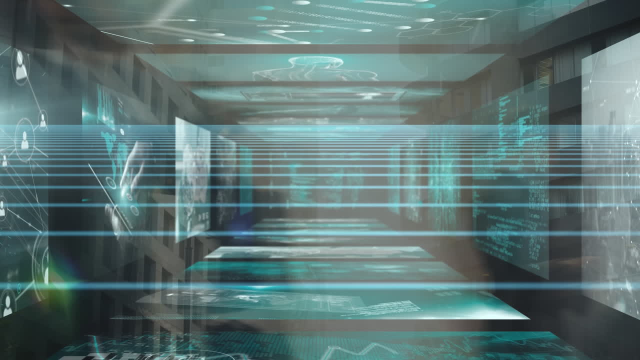 빠른 동작으로 걸어가는 보행자 위의 화면에서 데이터 처리의 애니메이션