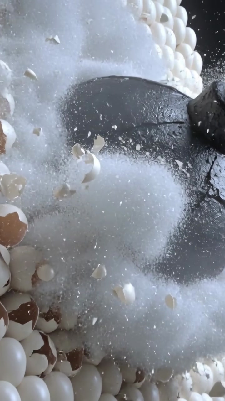 Vertical video: Colliding dark cracked sphere pushing into dense white balls on table to break grid