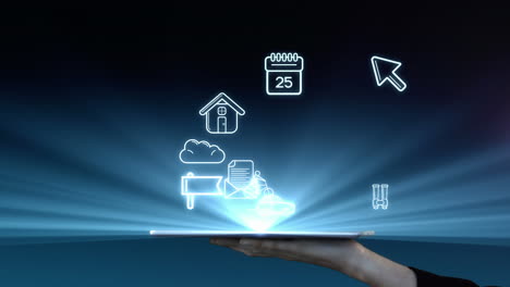 animación de puntos de luz e iconos digitales sobre la sección media de la mujer de negocios tocando la tableta digital.