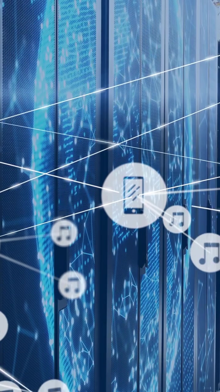 Vertical video: Server racks showing mesh, phone icon appearing, icons linking to show data flow