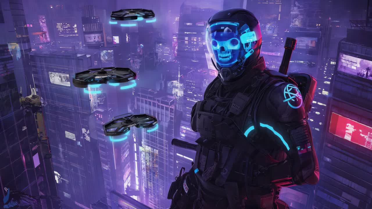 Cyberpunk Soldier with Drones in Futuristic City