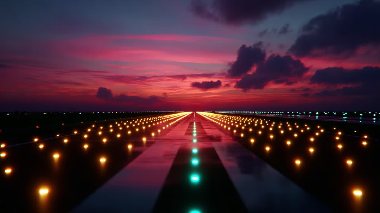 A Majestic Evening at the Runway: The Vibrant Symphony of Sunset Colors Reflected on the Sleek Surface and Illuminated by Bright Navigation Lights as Day Transitions to Night