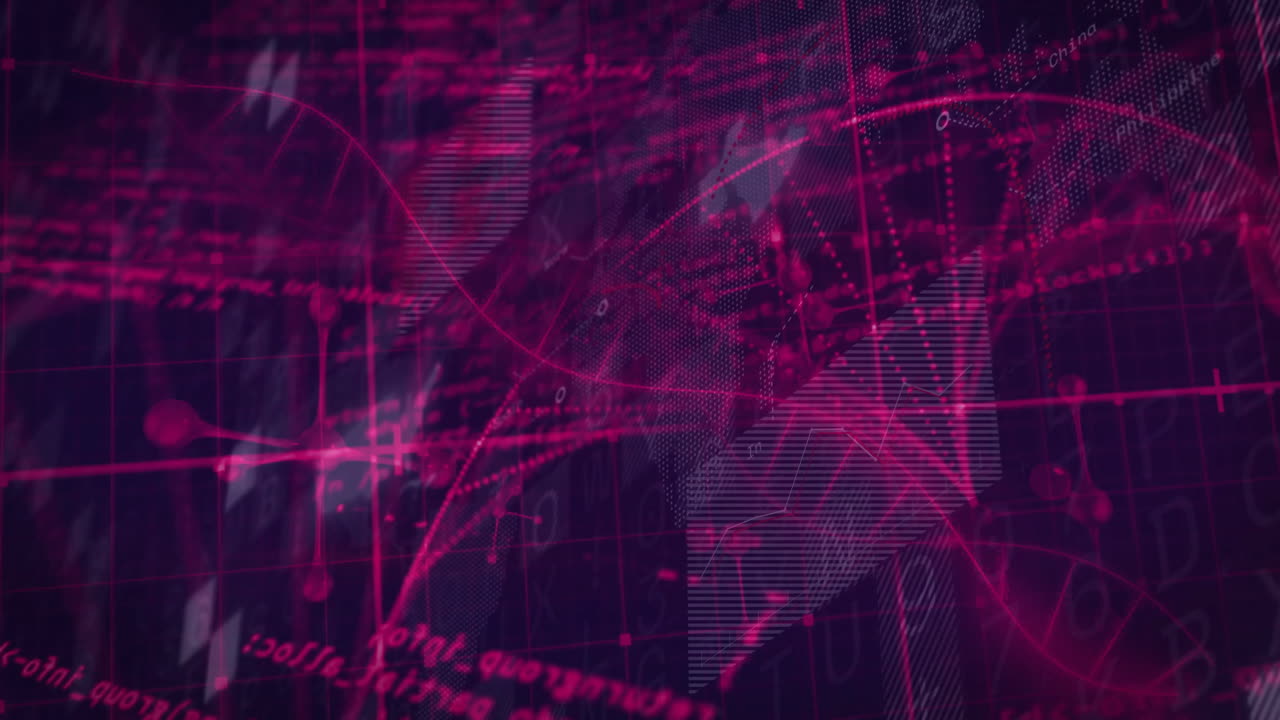 Mathematical equations and graphs animation over abstract purple background