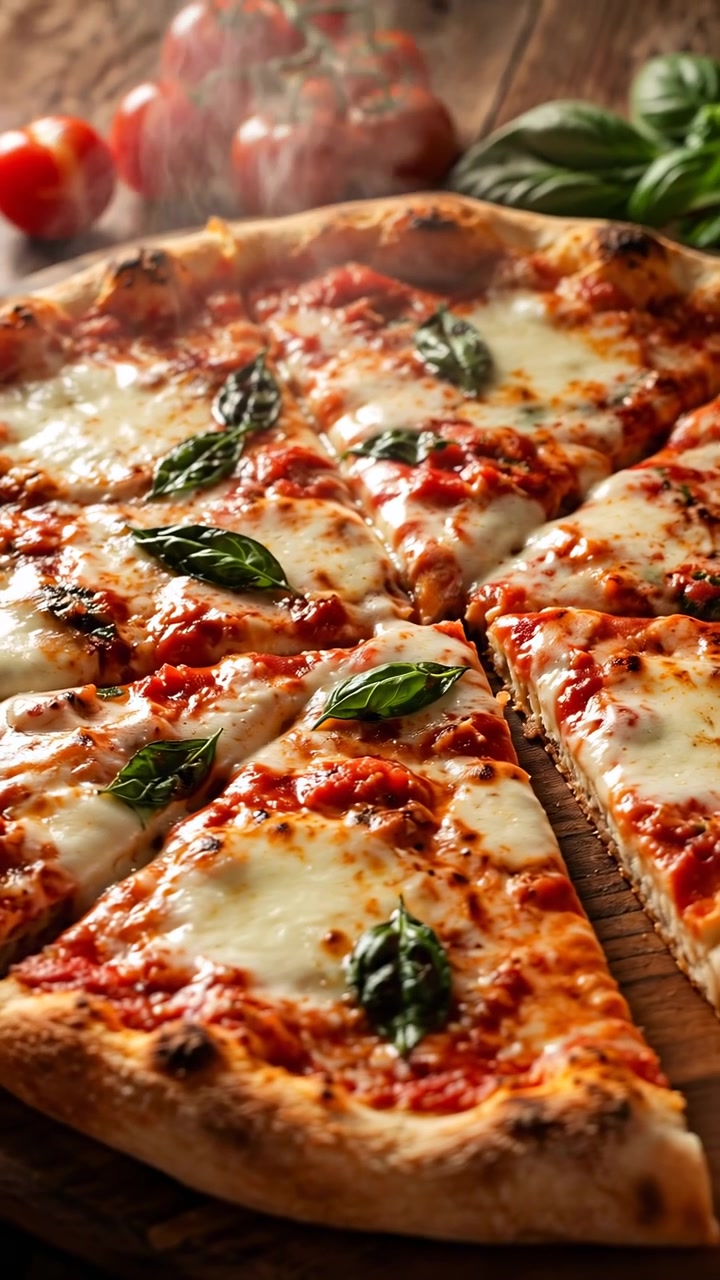 Scena ravvicinata di pizza margherita a fette disposta su un tagliere di legno rotondo, con mozzarella fusa, ricco sugo di pomodoro, foglie di basilico fresco, crosta dorata calda e vapore visibile che crea un'atmosfera di freschezza.