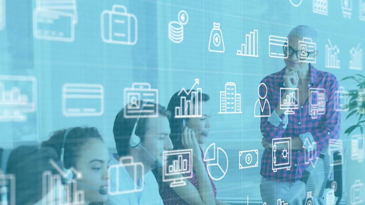 animación de iconos en línea sobre diversas personas de negocios que usan auriculares de teléfono