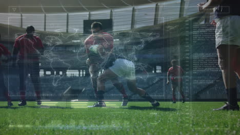 animación de procesamiento de datos y jugadores de rugby sobre el estadio deportivo