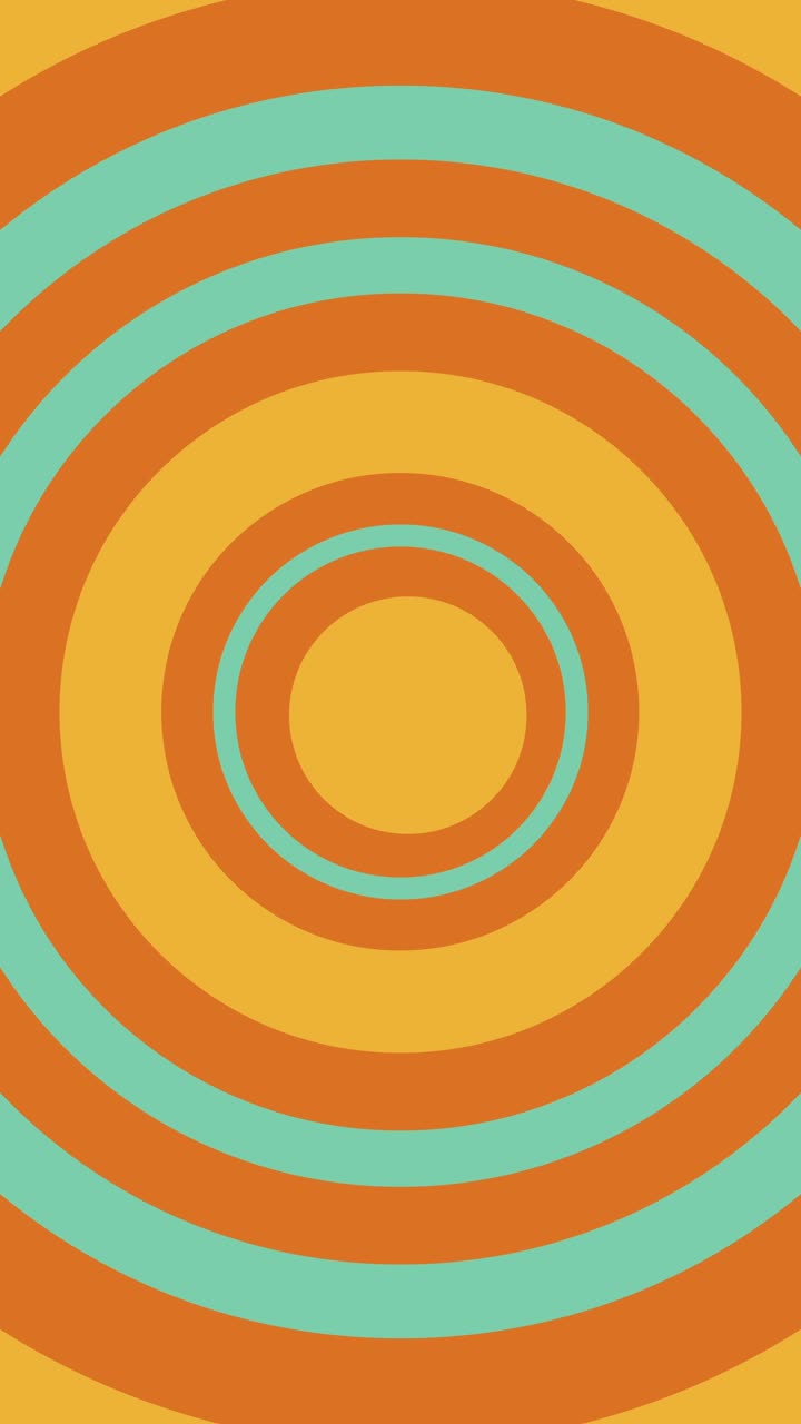 Vertical format seamless loop of retro background with hypnotic expanding circles in orange and teal, 70s style for social media