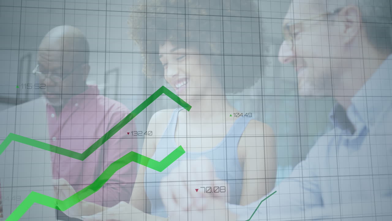 Animation of green lines financial data processing over diverse people in office