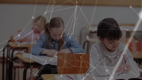 Animation-of-network-of-connections-over-schoolgirls-writing