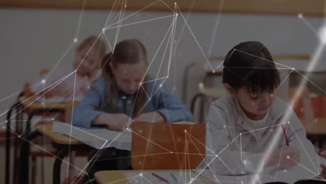 animation of network of connections over schoolgirls writing