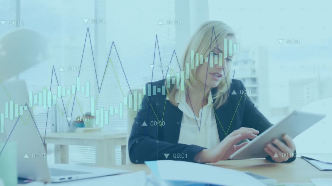 Animation of data processing against caucasian woman smiling while using digital tablet at office