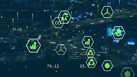 animación de iconos interfaz digital con procesamiento de datos sobre la ciudad.